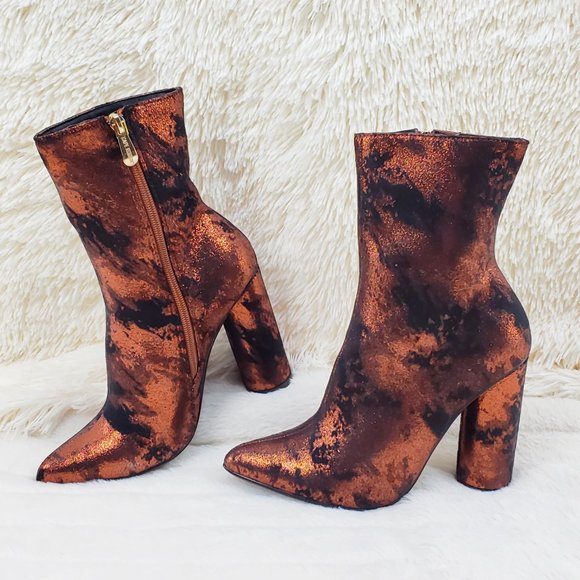 Cape Robbin Shoes - Orange Metallic Rust Chunky Cylinder High Heel Ankle Boots